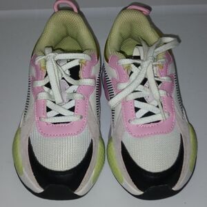 Nike Kids Pink, Green, Black, and White Sneakers In Box.